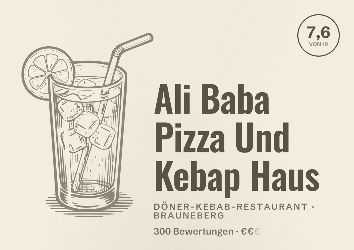 Illustriertes Poster von Ali Baba Pizza Und Kebap Haus, Döner-Kebab-Restaurant in Brauneberg: Bewertung 7,6 von 10 aus 300 Bewertungen, Preisniveau €€