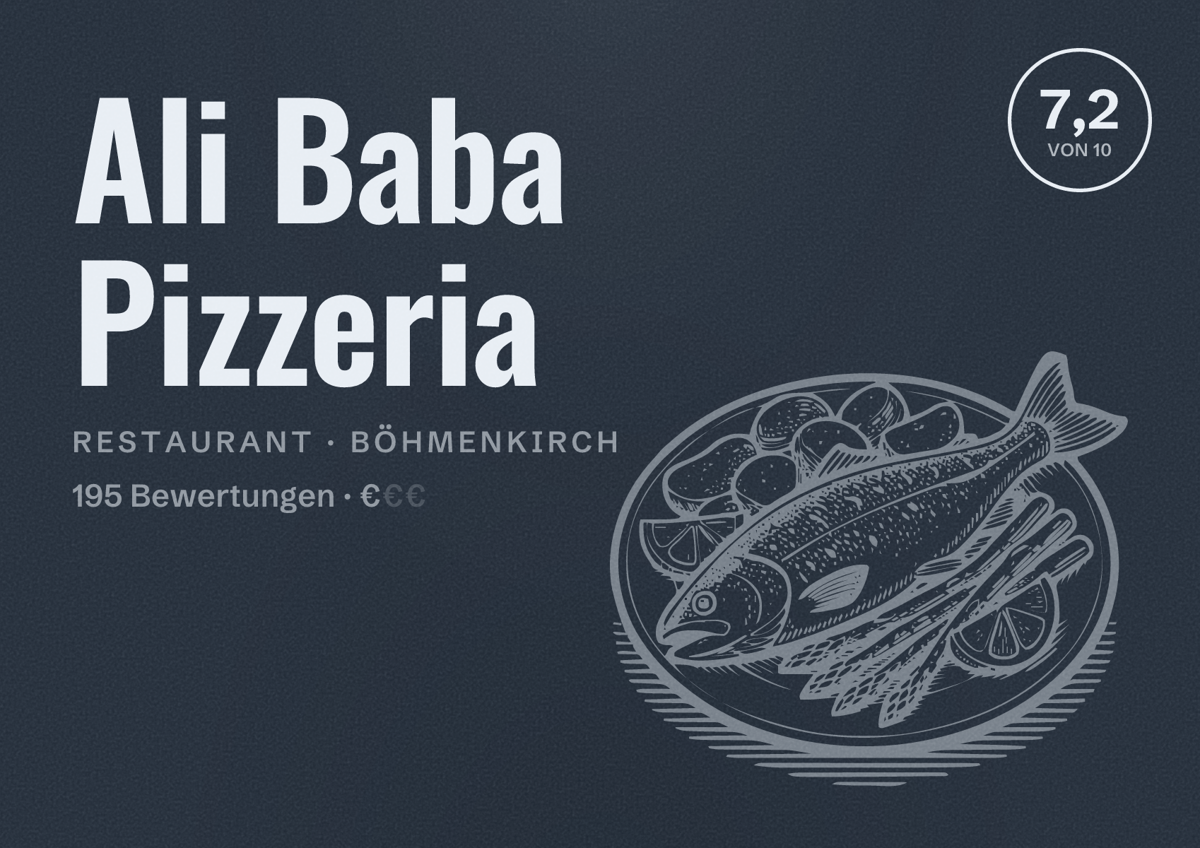 Illustriertes Poster von Ali Baba Pizzeria, Restaurant in Böhmenkirch: Bewertung 7,2 von 10 aus 195 Bewertungen, Preisniveau €
