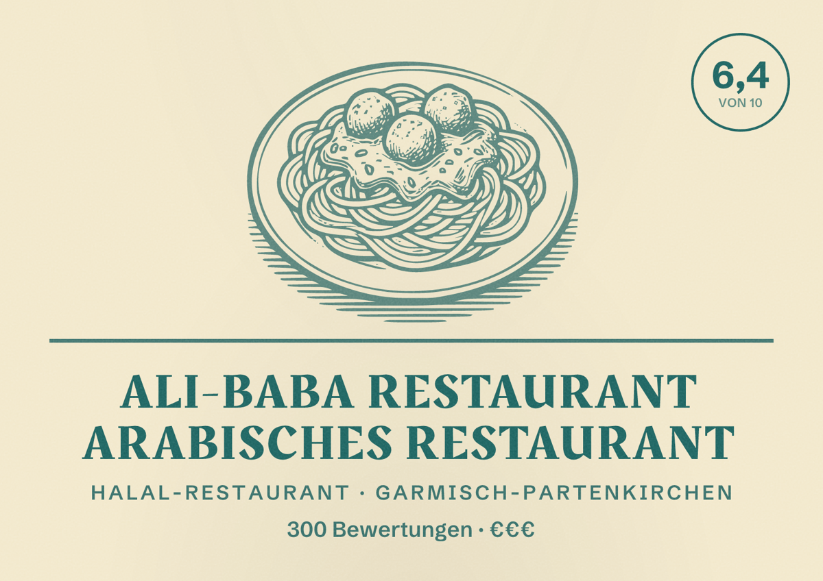 Illustriertes Poster von Ali-Baba Restaurant Arabisches Restaurant, Halal-Restaurant in Garmisch-Partenkirchen: Bewertung 6,4 von 10 aus 300 Bewertungen, Preisniveau €€€