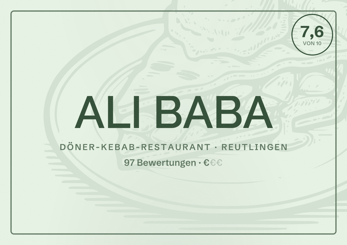 Illustriertes Poster von ALI BABA, Döner-Kebab-Restaurant in Reutlingen: Bewertung 7,6 von 10 aus 97 Bewertungen, Preisniveau €