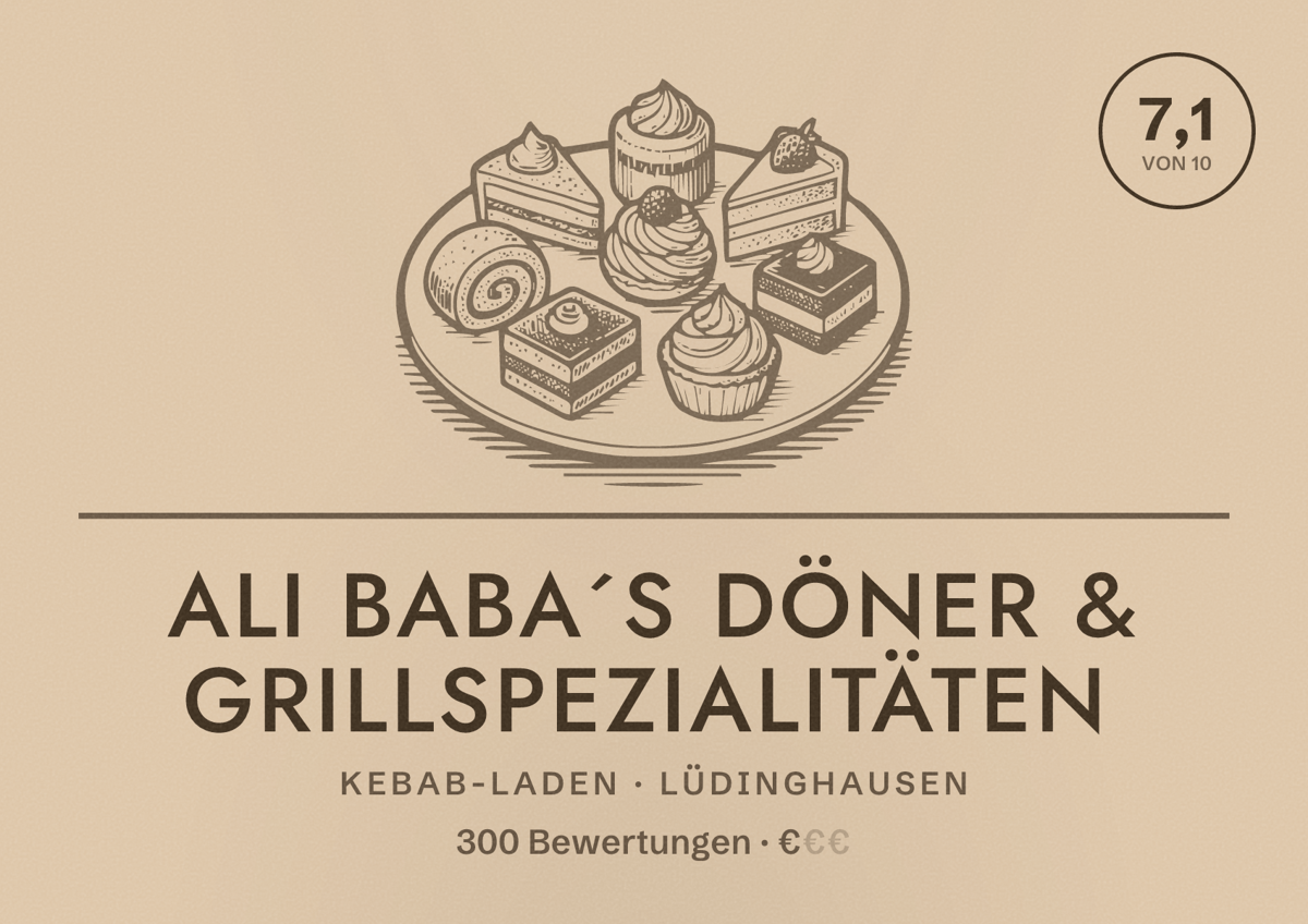 Illustriertes Poster von Ali Baba´s Döner & Grillspezialitäten, Kebab-Laden in Lüdinghausen: Bewertung 7,1 von 10 aus 300 Bewertungen, Preisniveau €
