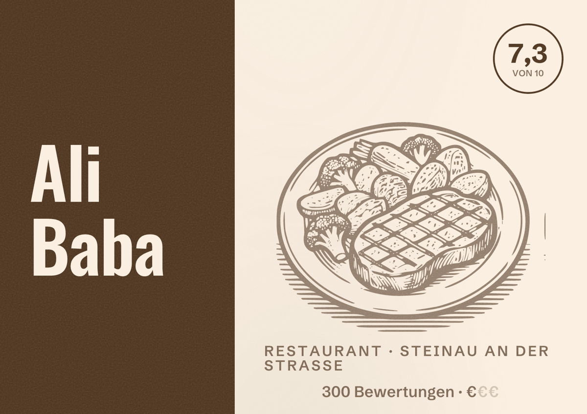 Illustriertes Poster von Ali Baba, Restaurant in Steinau an der Straße: Bewertung 7,3 von 10 aus 300 Bewertungen, Preisniveau €