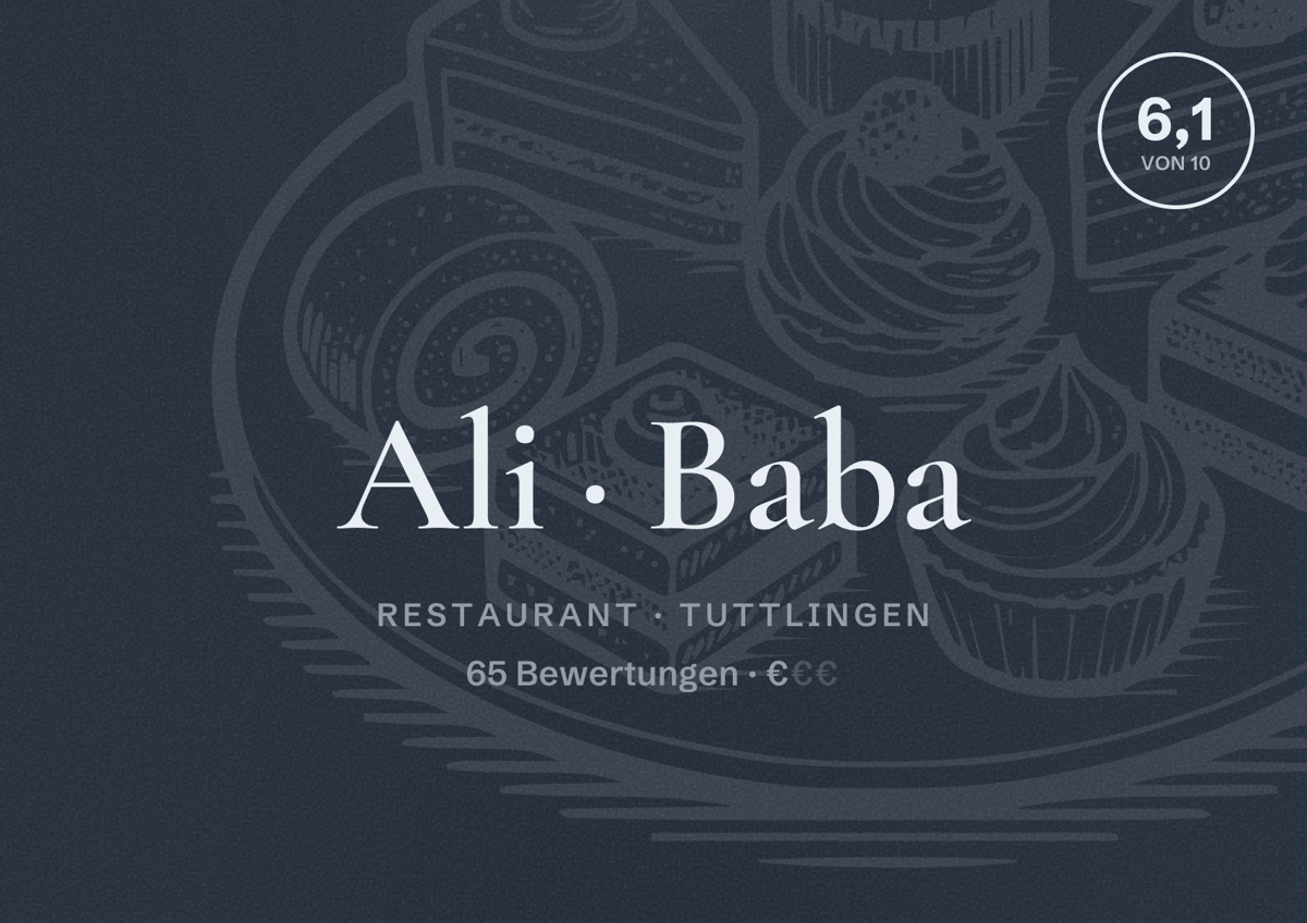 Illustriertes Poster von Ali Baba, Restaurant in Tuttlingen: Bewertung 6,1 von 10 aus 65 Bewertungen, Preisniveau €