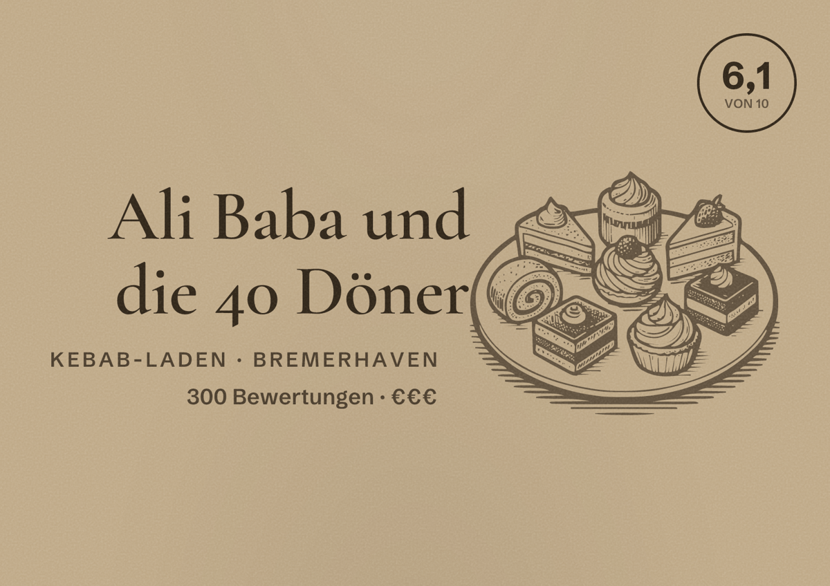 Illustriertes Poster von Ali Baba und die 40 Döner, Kebab-Laden in Bremerhaven: Bewertung 6,1 von 10 aus 300 Bewertungen, Preisniveau €€€