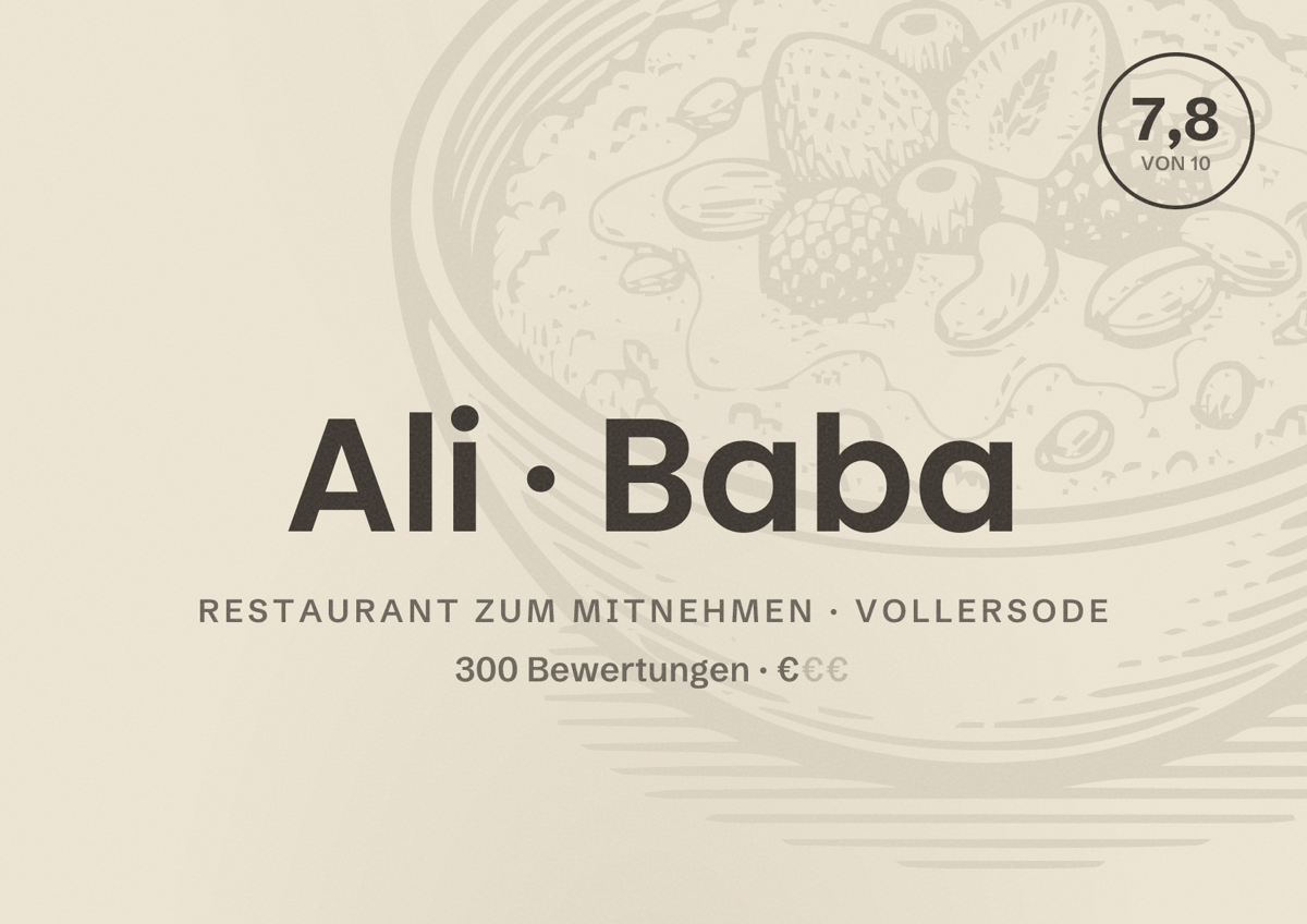 Illustriertes Poster von Ali Baba, Restaurant zum Mitnehmen in Vollersode: Bewertung 7,8 von 10 aus 300 Bewertungen, Preisniveau €