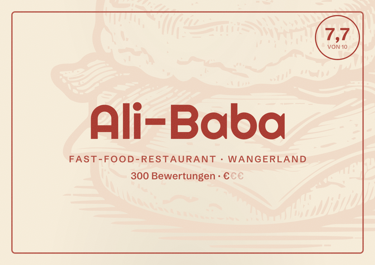 Illustriertes Poster von Ali-Baba, Fast-Food-Restaurant in Wangerland: Bewertung 7,7 von 10 aus 300 Bewertungen, Preisniveau €
