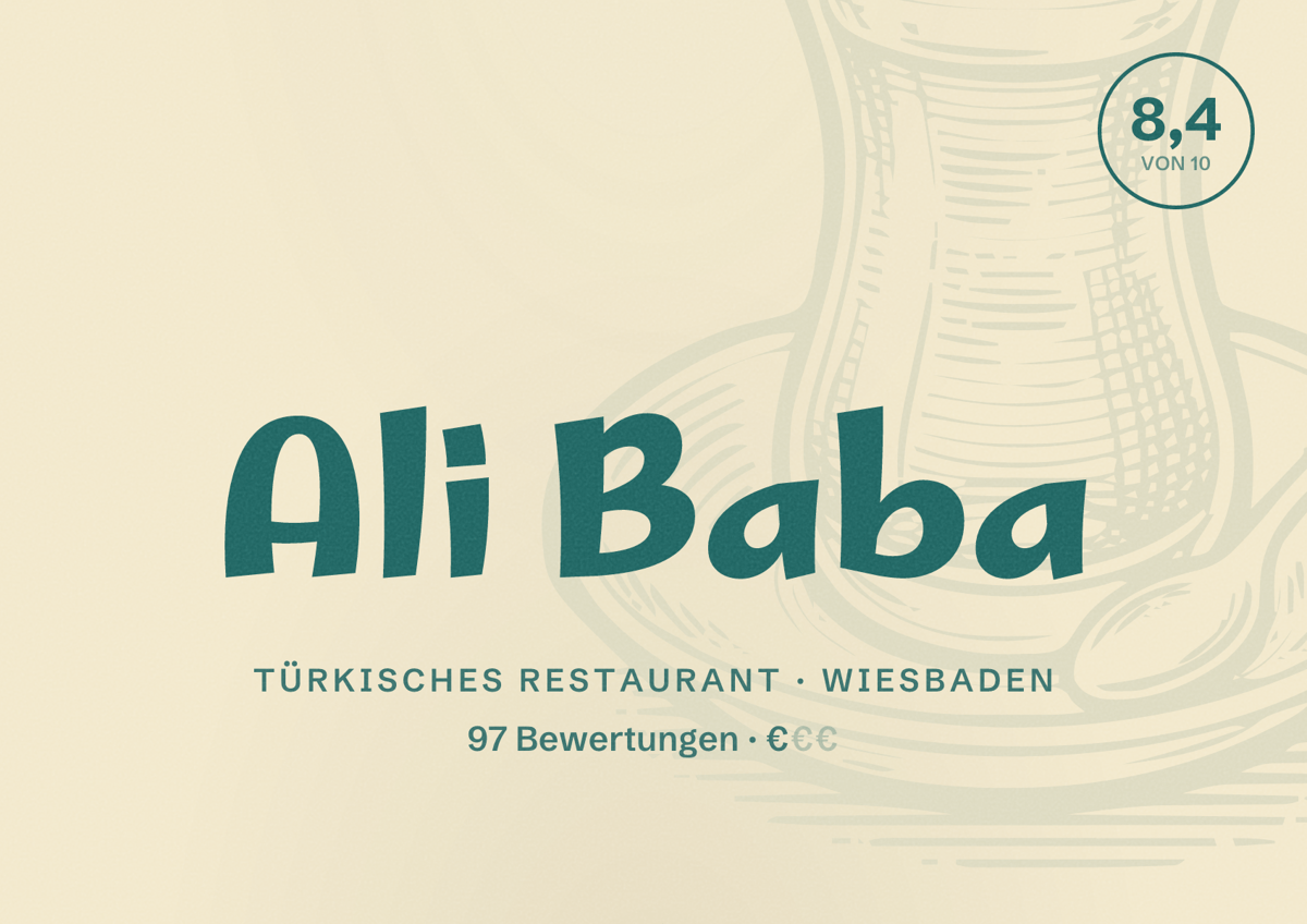 Illustriertes Poster von Ali Baba, Türkisches Restaurant in Wiesbaden: Bewertung 8,4 von 10 aus 97 Bewertungen, Preisniveau €
