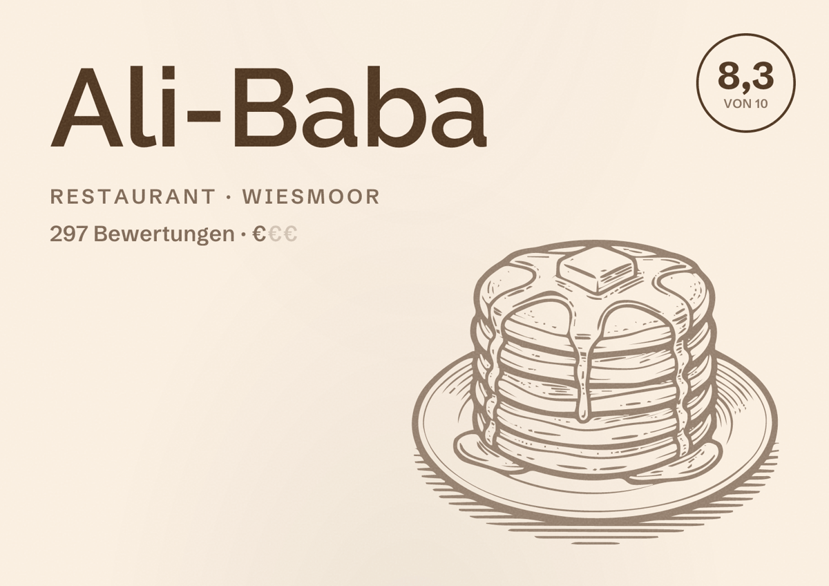 Illustriertes Poster von Ali-Baba, Restaurant in Wiesmoor: Bewertung 8,3 von 10 aus 297 Bewertungen, Preisniveau €