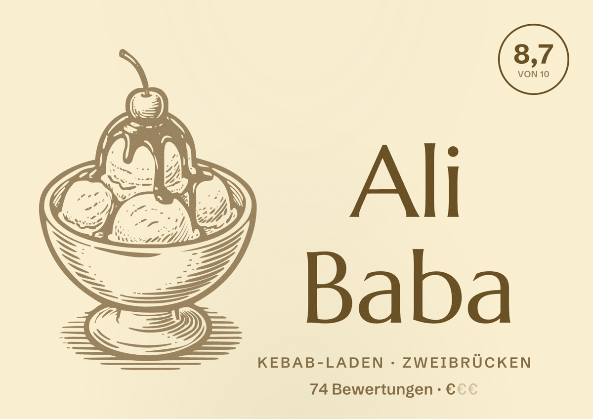 Illustriertes Poster von Ali Baba, Kebab-Laden in Zweibrücken: Bewertung 8,7 von 10 aus 74 Bewertungen, Preisniveau €