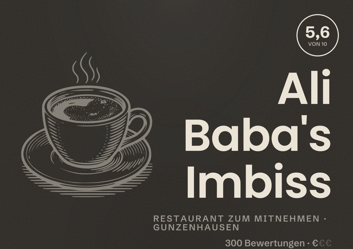 Illustriertes Poster von Ali Baba's Imbiss, Restaurant zum Mitnehmen in Gunzenhausen: Bewertung 5,6 von 10 aus 300 Bewertungen, Preisniveau €