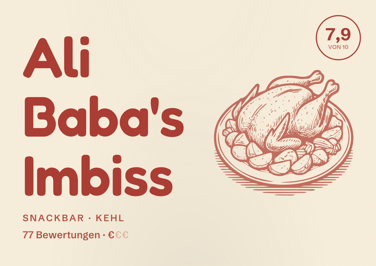 Illustriertes Poster von Ali Baba's Imbiss, Snackbar in Kehl: Bewertung 7,9 von 10 aus 77 Bewertungen, Preisniveau €
