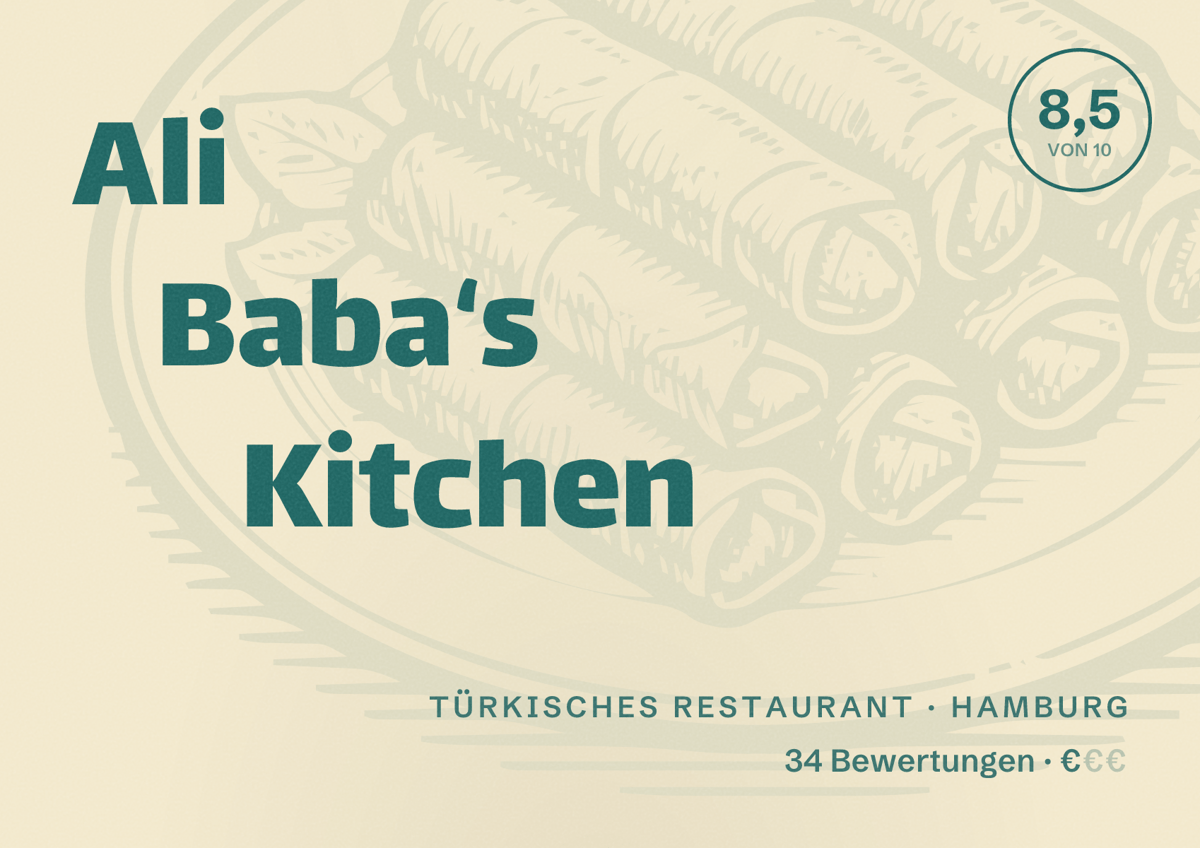 Illustriertes Poster von Ali Baba‘s Kitchen, Türkisches Restaurant in Hamburg: Bewertung 8,5 von 10 aus 34 Bewertungen, Preisniveau €