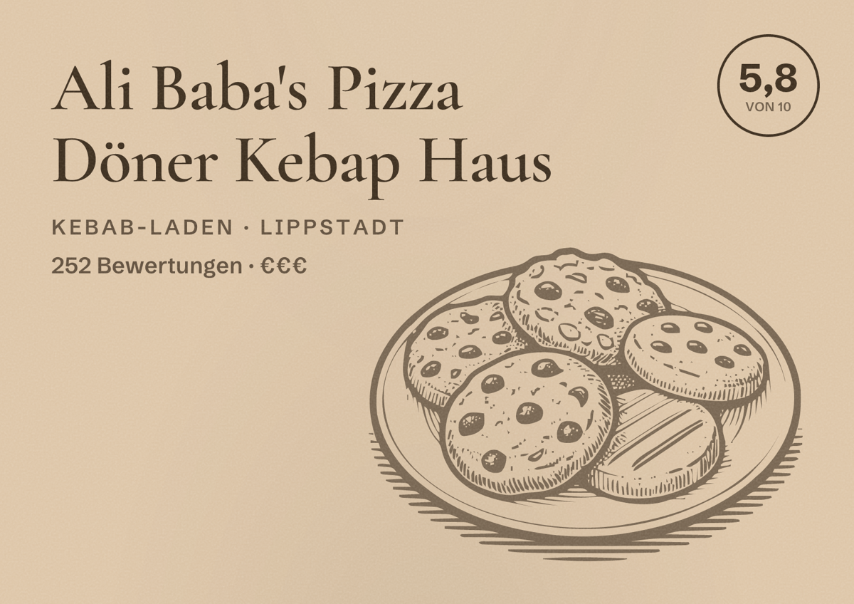 Illustriertes Poster von Ali Baba's Pizza Döner Kebap Haus, Kebab-Laden in Lippstadt: Bewertung 5,8 von 10 aus 252 Bewertungen, Preisniveau €€€