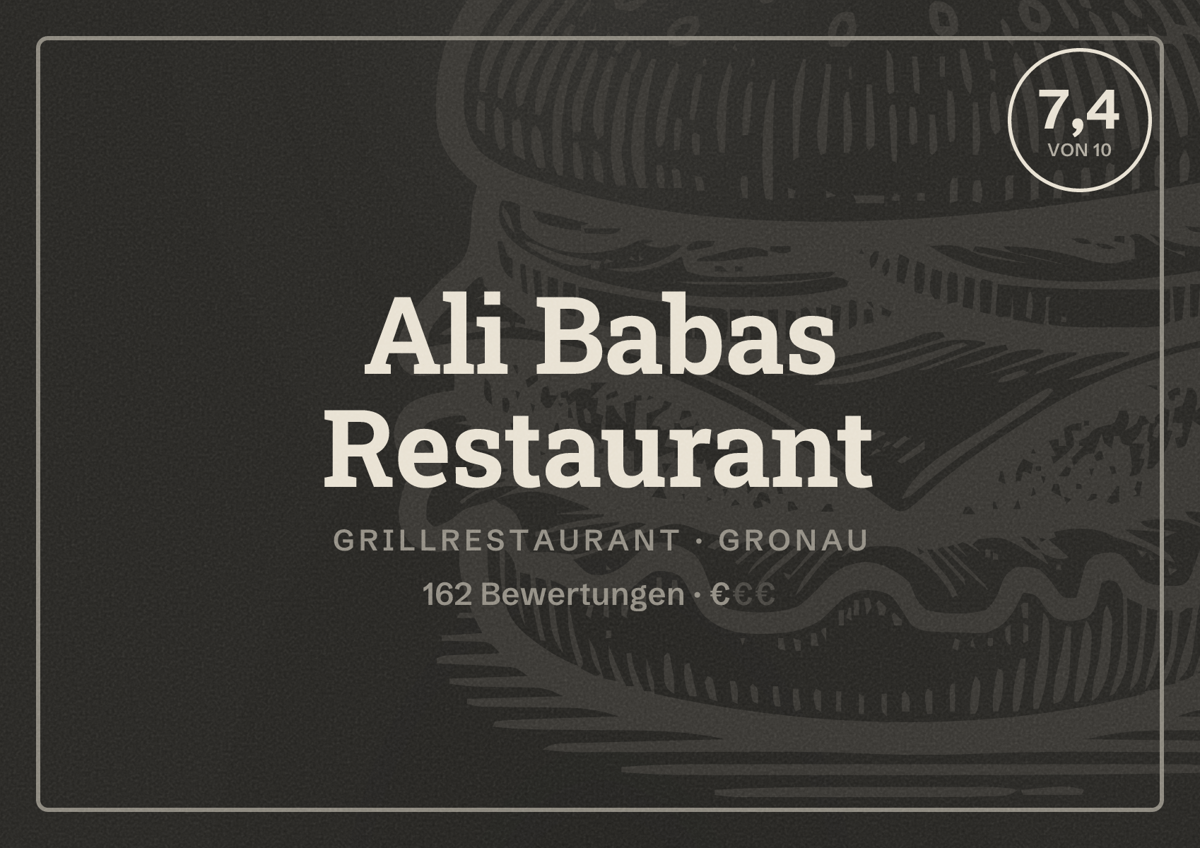 Illustriertes Poster von Ali Babas Restaurant, Grillrestaurant in Gronau: Bewertung 7,4 von 10 aus 162 Bewertungen, Preisniveau €