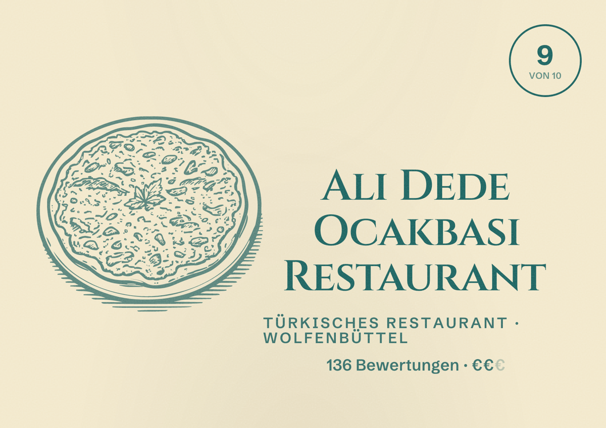 Illustriertes Poster von Ali Dede Ocakbasi Restaurant, Türkisches Restaurant in Wolfenbüttel: Bewertung 9 von 10 aus 136 Bewertungen, Preisniveau €€