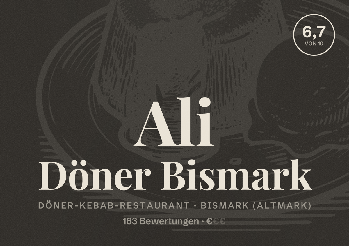 Illustriertes Poster von Ali Döner Bismark, Döner-Kebab-Restaurant in Bismark (Altmark): Bewertung 6,7 von 10 aus 163 Bewertungen, Preisniveau €