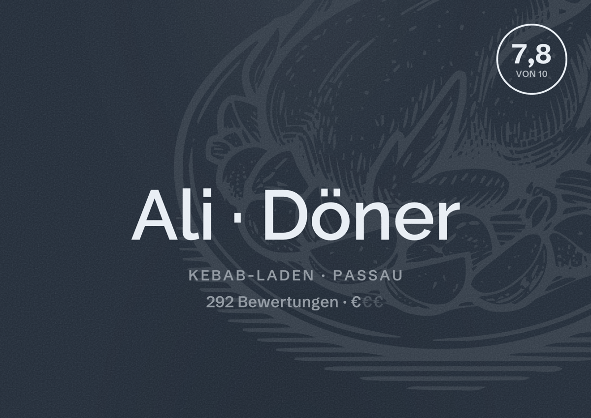 Illustriertes Poster von Ali Döner, Kebab-Laden in Passau: Bewertung 7,8 von 10 aus 292 Bewertungen, Preisniveau €