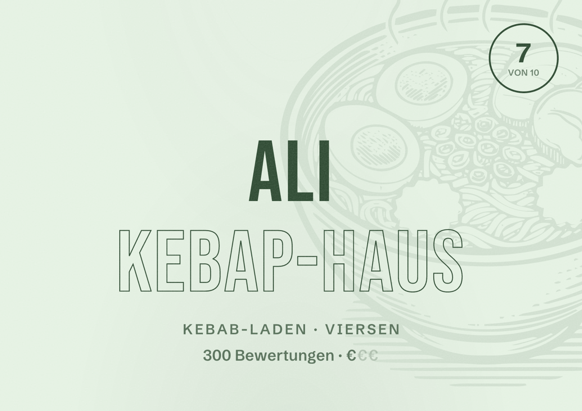 Illustriertes Poster von Ali Kebap-Haus, Kebab-Laden in Viersen: Bewertung 7 von 10 aus 300 Bewertungen, Preisniveau €