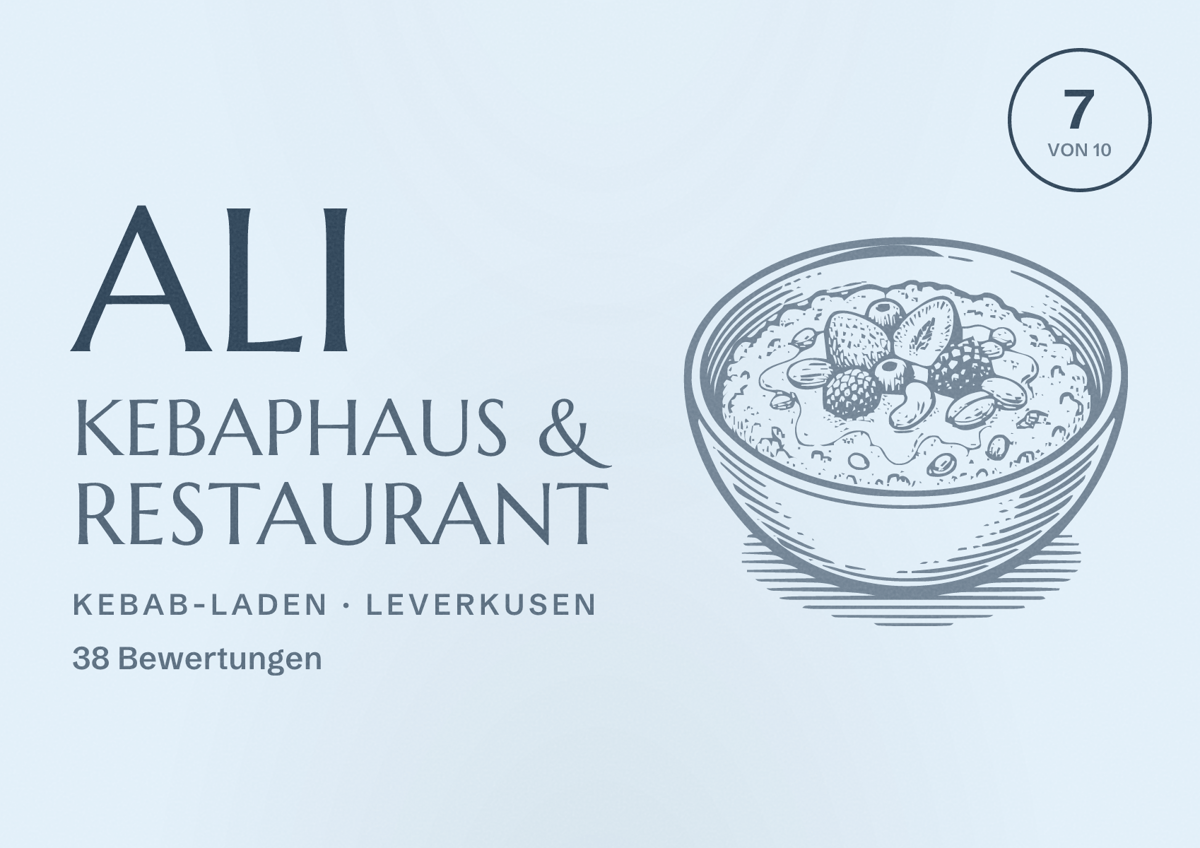 Illustriertes Poster von Ali Kebaphaus & Restaurant, Kebab-Laden in Leverkusen: Bewertung 7 von 10 aus 38 Bewertungen