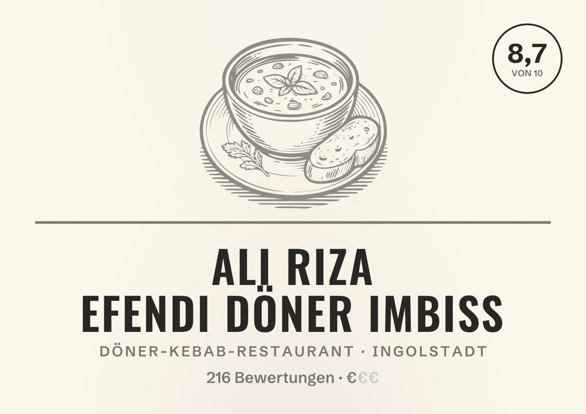 Illustriertes Poster von Ali Riza Efendi Döner Imbiss, Döner-Kebab-Restaurant in Ingolstadt: Bewertung 8,7 von 10 aus 216 Bewertungen, Preisniveau €