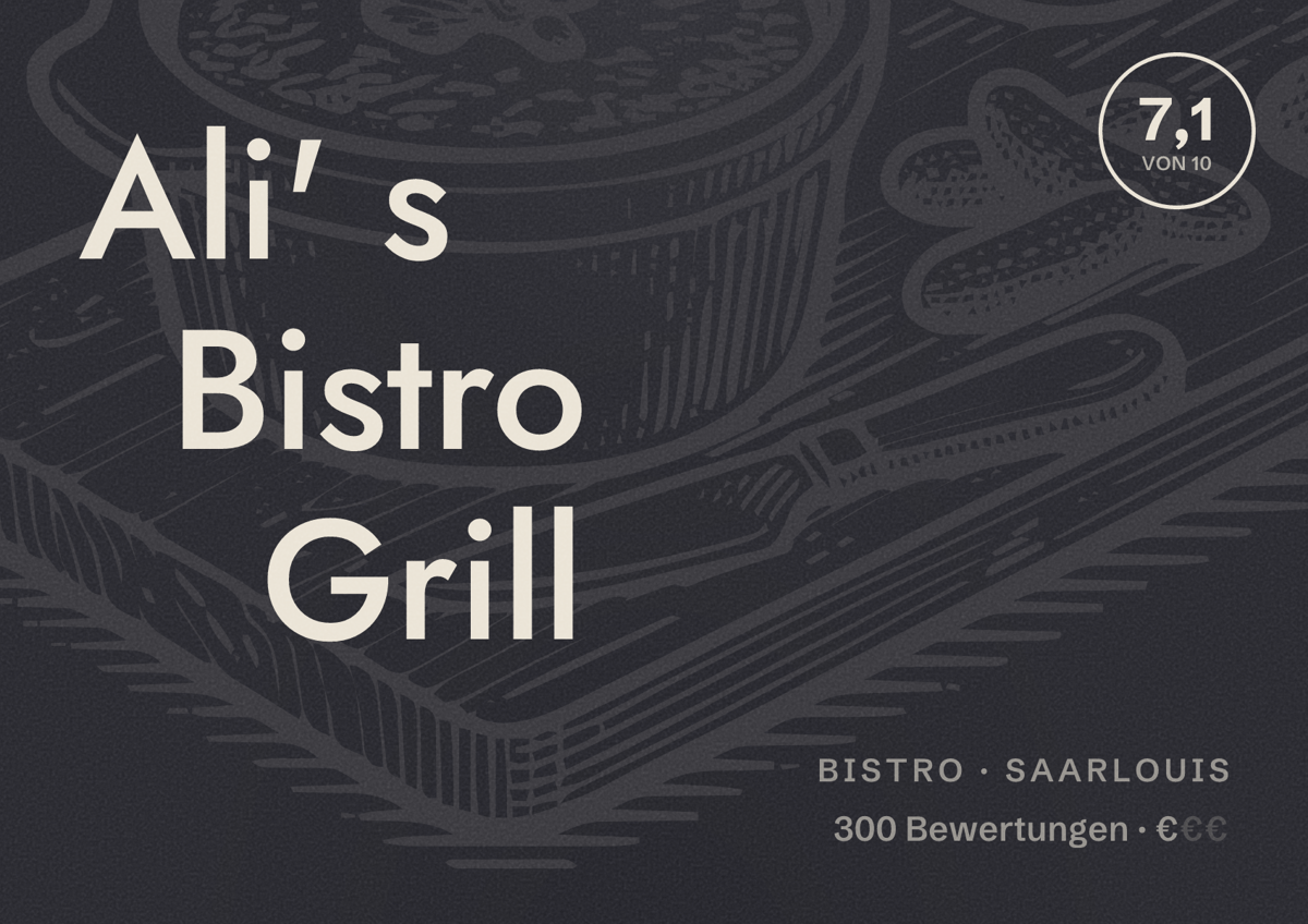 Illustriertes Poster von Ali' s Bistro Grill, Bistro in Saarlouis: Bewertung 7,1 von 10 aus 300 Bewertungen, Preisniveau €