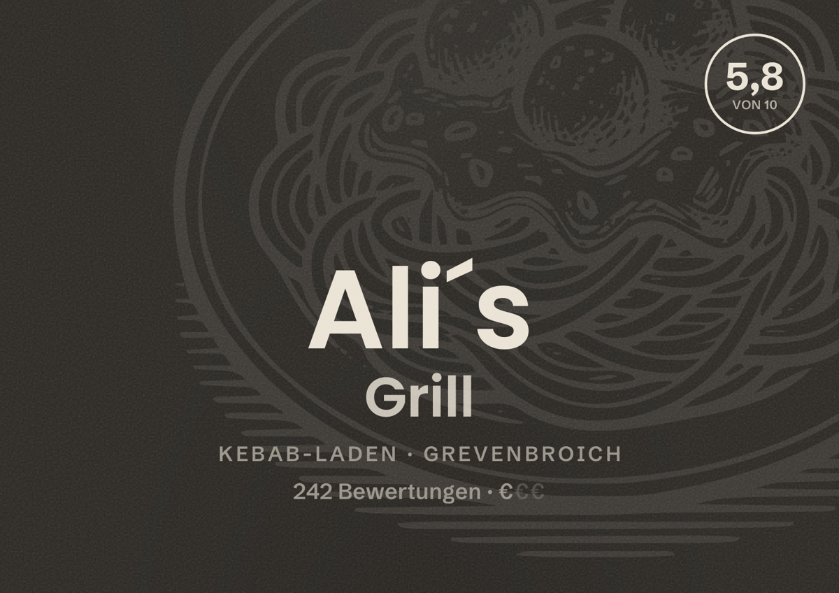 Illustriertes Poster von Ali´s Grill, Kebab-Laden in Grevenbroich: Bewertung 5,8 von 10 aus 242 Bewertungen, Preisniveau €