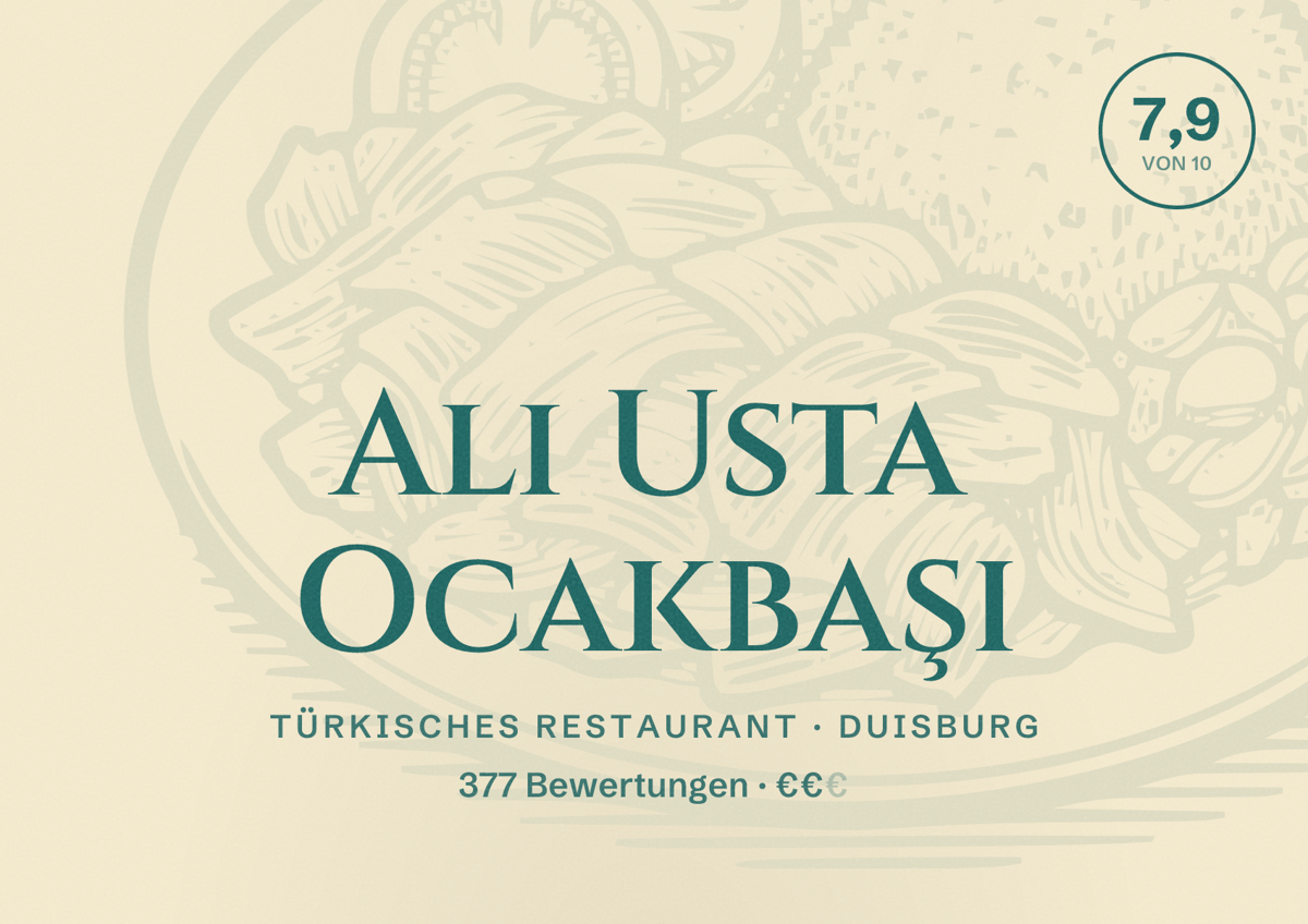 Illustriertes Poster von Ali Usta Ocakbaşı, Türkisches Restaurant in Duisburg: Bewertung 7,9 von 10 aus 377 Bewertungen, Preisniveau €€