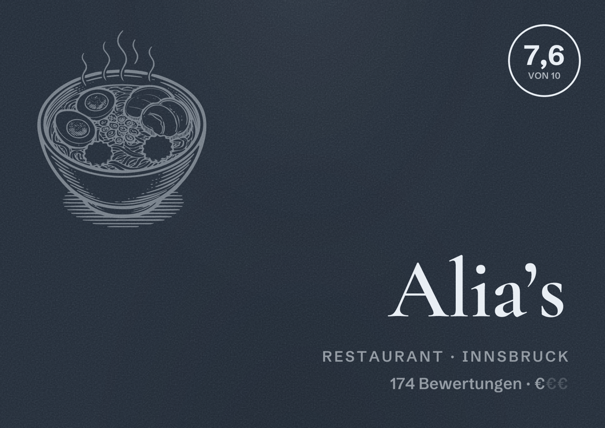 Illustriertes Poster von Alia’s, Restaurant in Innsbruck: Bewertung 7,6 von 10 aus 174 Bewertungen, Preisniveau €