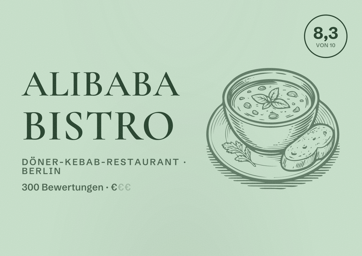 Illustriertes Poster von ALIBABA BISTRO, Döner-Kebab-Restaurant in Berlin: Bewertung 8,3 von 10 aus 300 Bewertungen, Preisniveau €