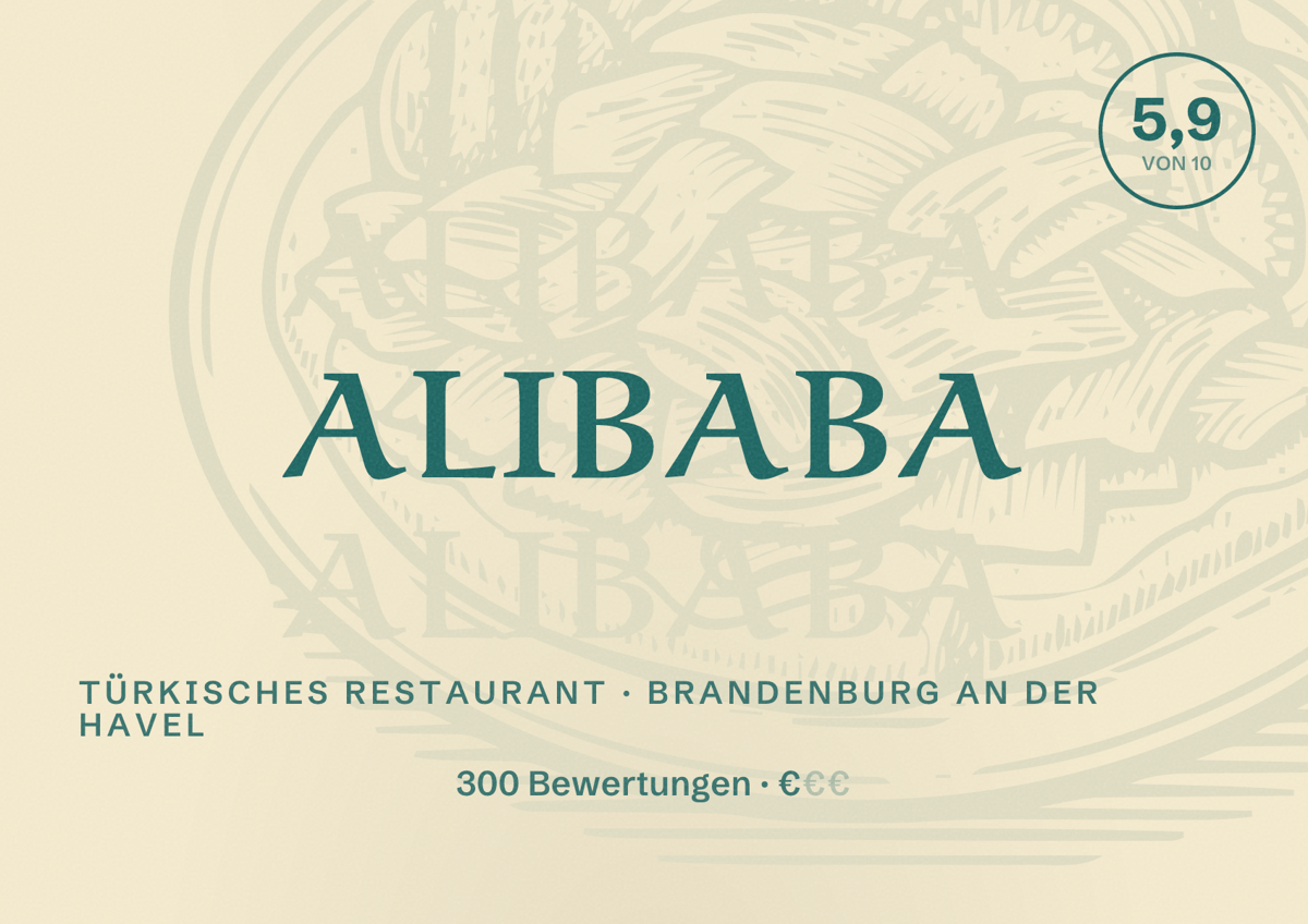 Illustriertes Poster von Alibaba, Türkisches Restaurant in Brandenburg an der Havel: Bewertung 5,9 von 10 aus 300 Bewertungen, Preisniveau €
