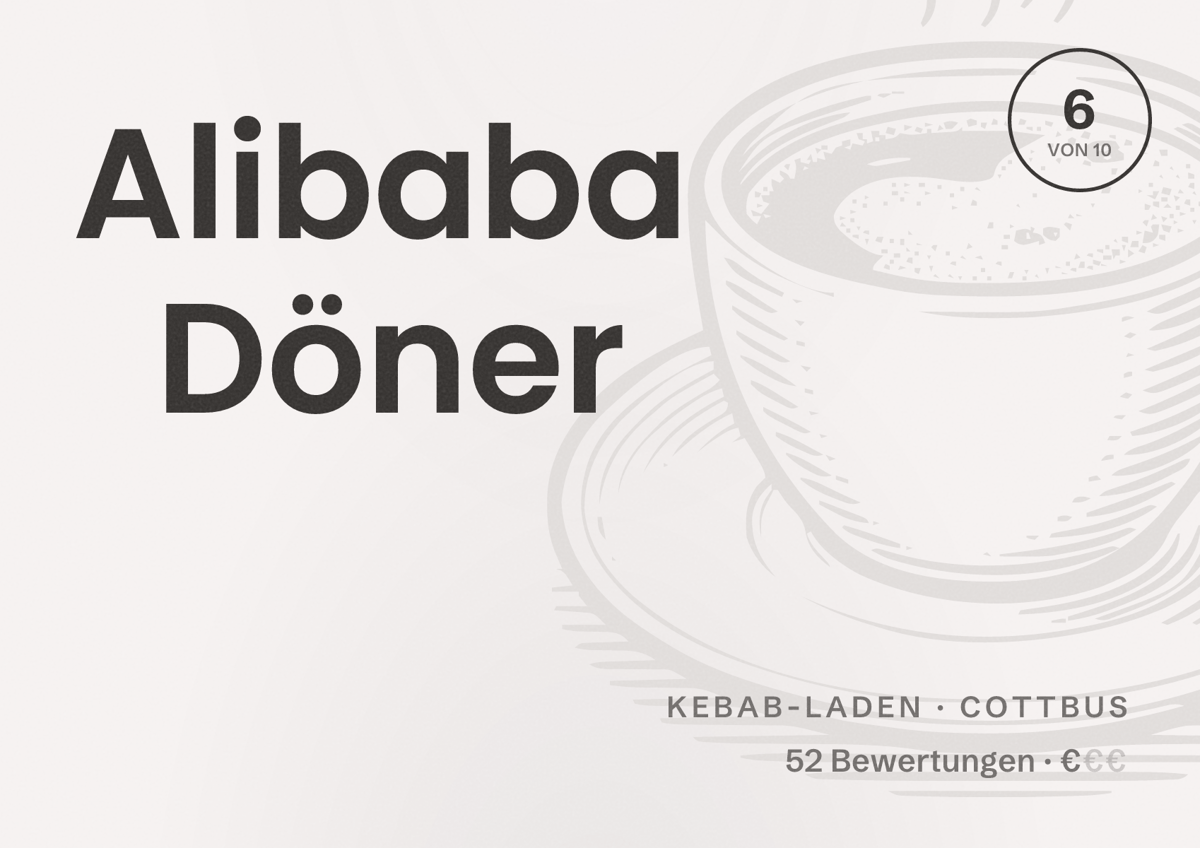Illustriertes Poster von Alibaba Döner, Kebab-Laden in Cottbus: Bewertung 6 von 10 aus 52 Bewertungen, Preisniveau €