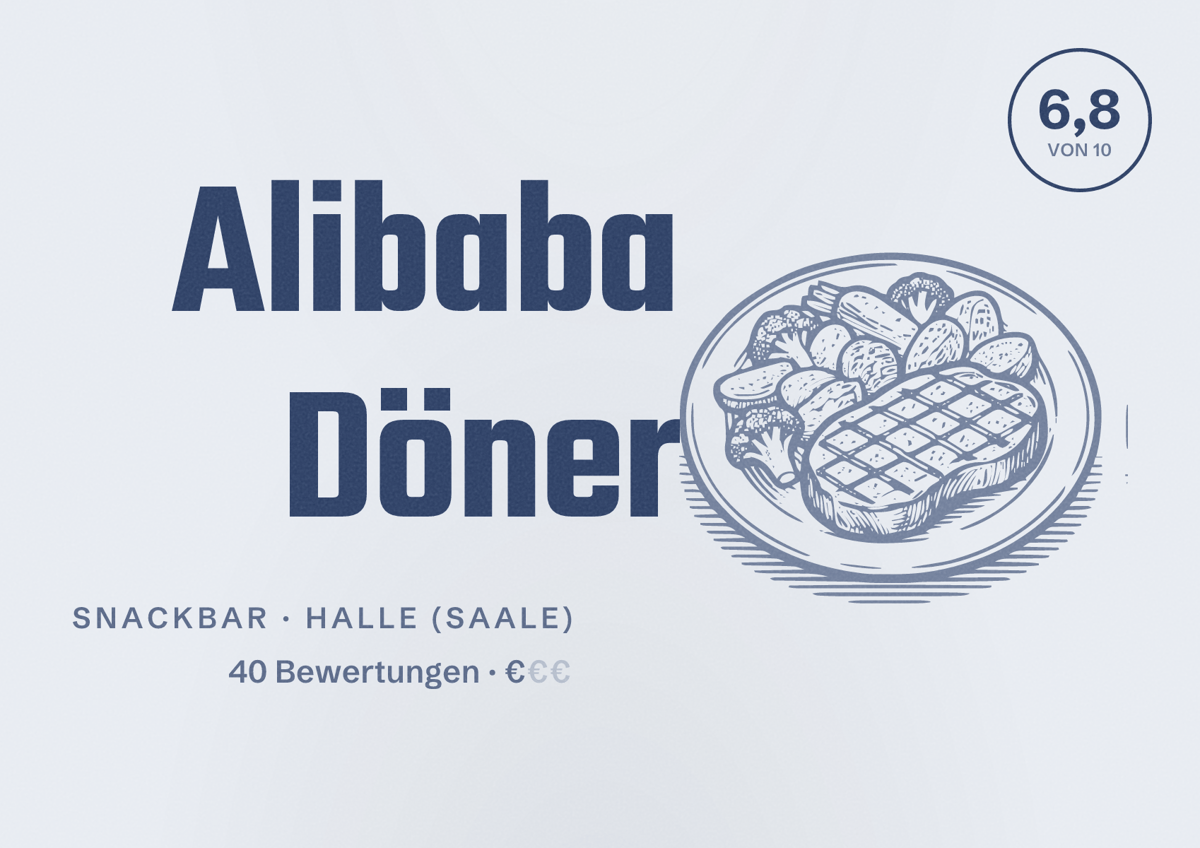 Illustriertes Poster von Alibaba Döner, Snackbar in Halle (Saale): Bewertung 6,8 von 10 aus 40 Bewertungen, Preisniveau €