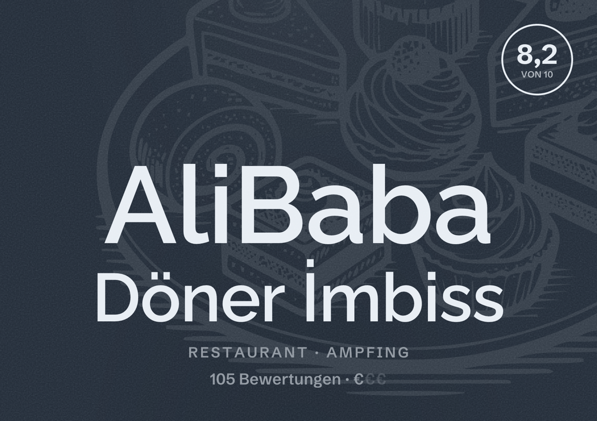 Illustriertes Poster von AliBaba Döner İmbiss, Restaurant in Ampfing: Bewertung 8,2 von 10 aus 105 Bewertungen, Preisniveau €