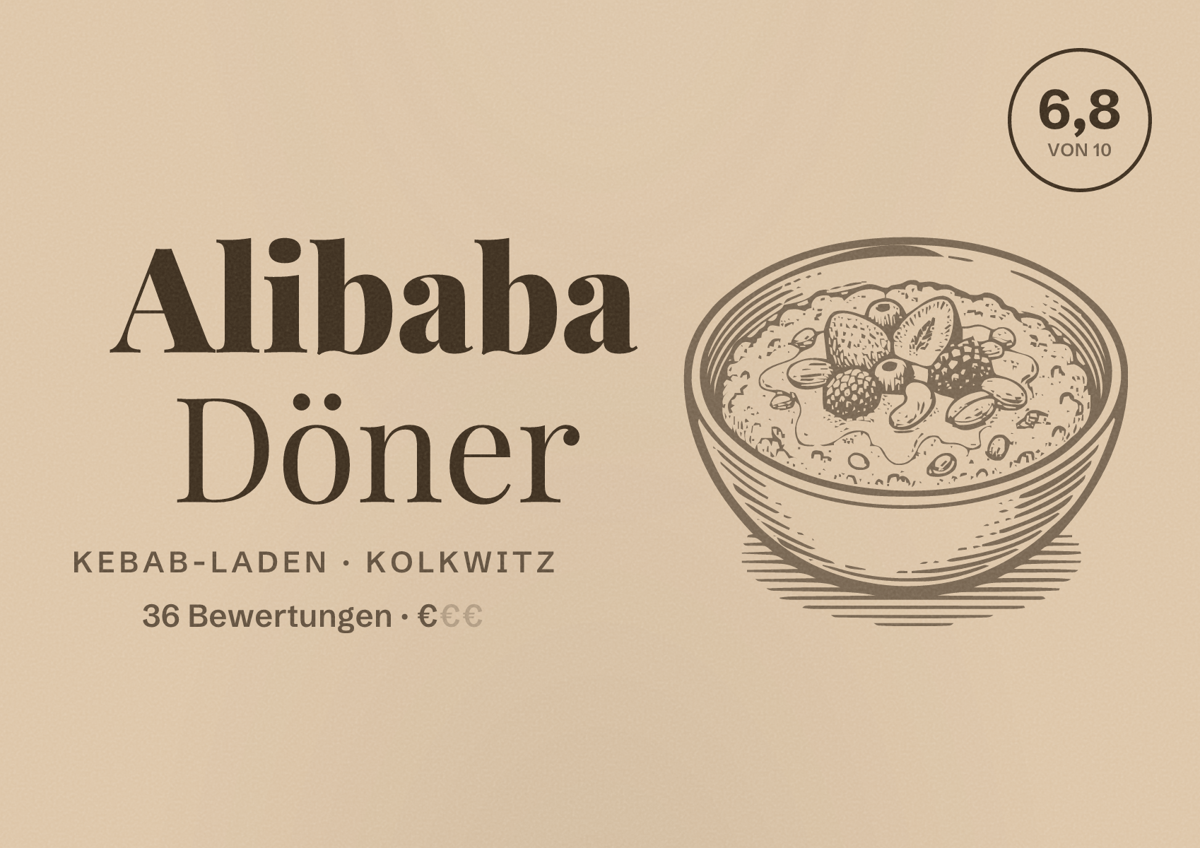 Illustriertes Poster von Alibaba Döner, Kebab-Laden in Kolkwitz: Bewertung 6,8 von 10 aus 36 Bewertungen, Preisniveau €