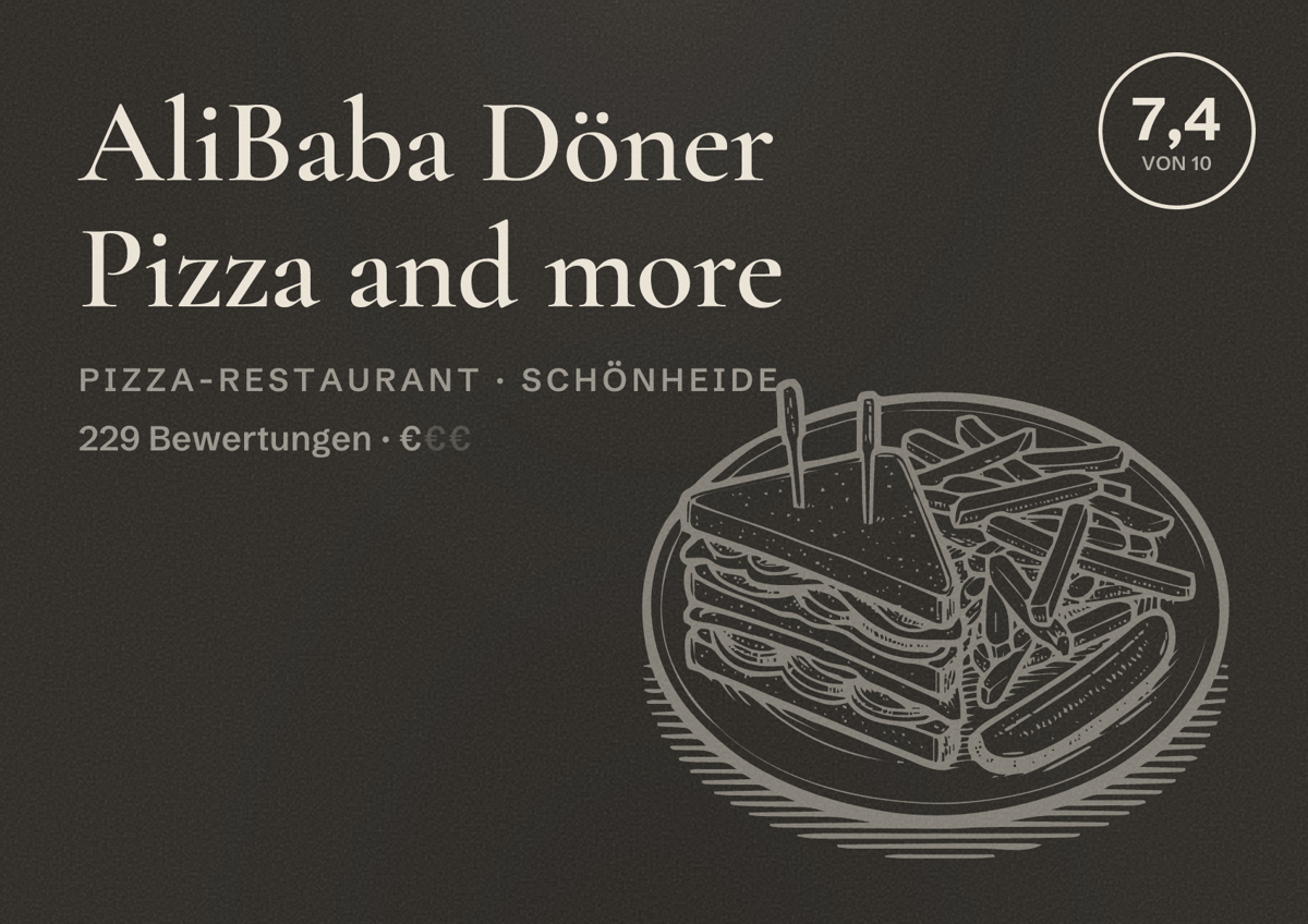 Illustriertes Poster von AliBaba Döner Pizza and more, Pizza-Restaurant in Schönheide: Bewertung 7,4 von 10 aus 229 Bewertungen, Preisniveau €