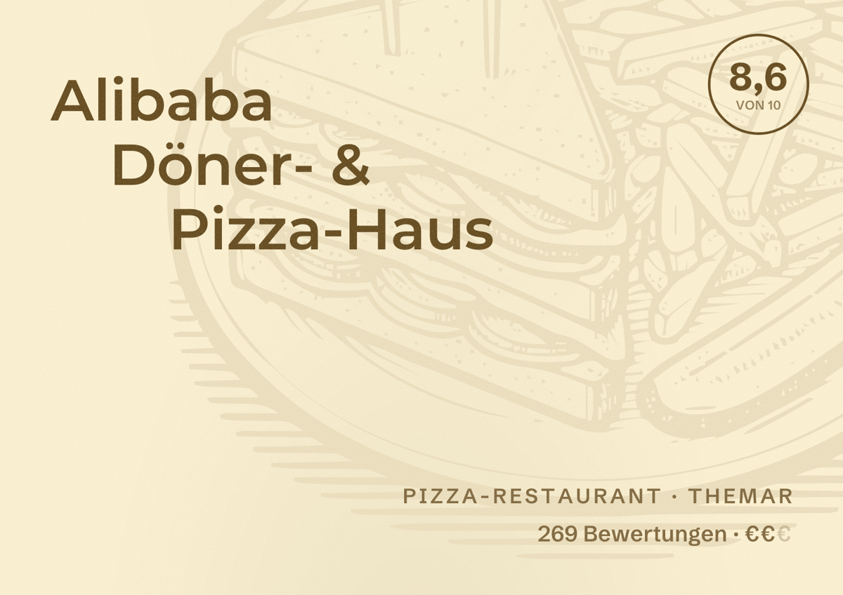 Illustriertes Poster von Alibaba Döner- & Pizza-Haus, Pizza-Restaurant in Themar: Bewertung 8,6 von 10 aus 269 Bewertungen, Preisniveau €€