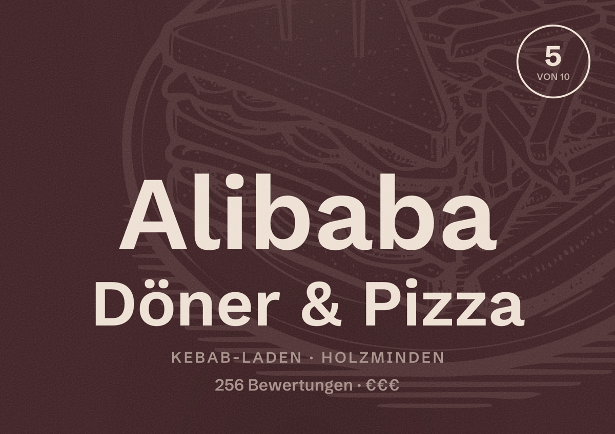 Illustriertes Poster von Alibaba Döner & Pizza, Kebab-Laden in Holzminden: Bewertung 5 von 10 aus 256 Bewertungen, Preisniveau €€€