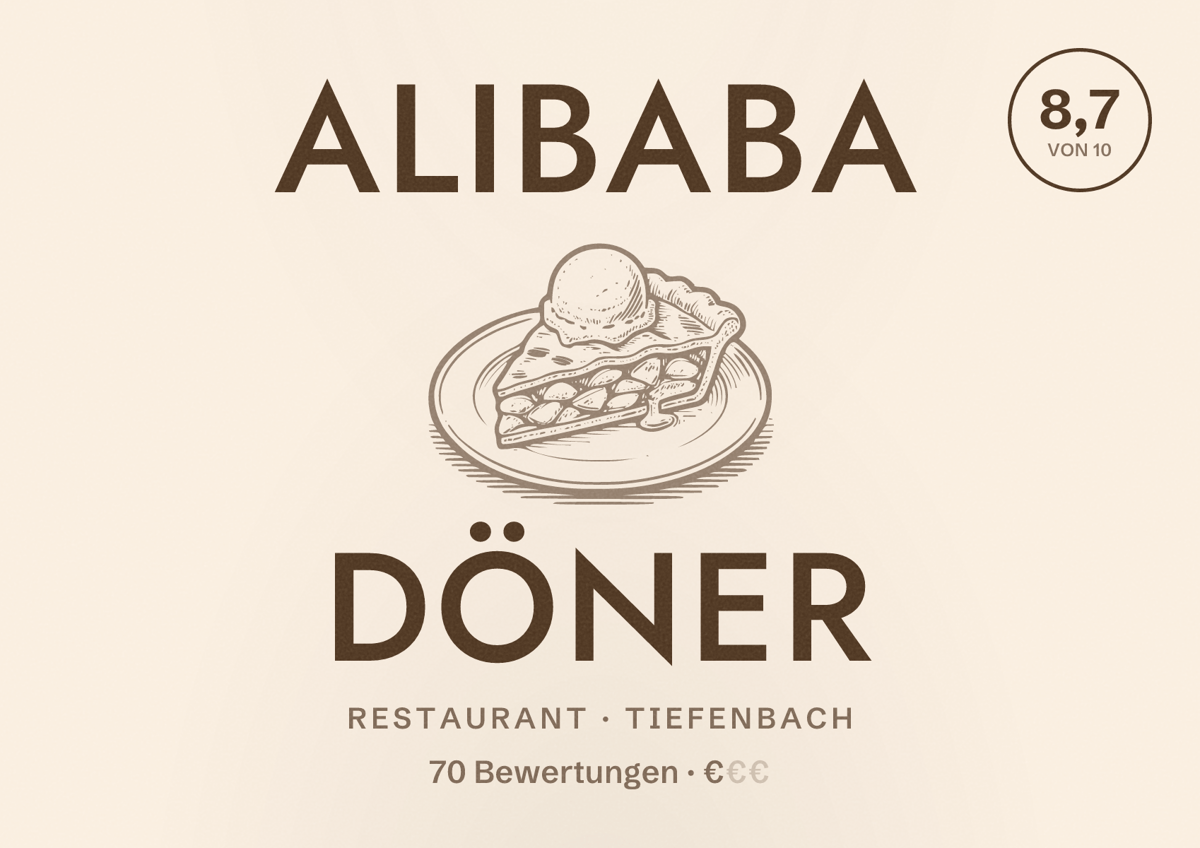 Illustriertes Poster von Alibaba Döner, Restaurant in Tiefenbach: Bewertung 8,7 von 10 aus 70 Bewertungen, Preisniveau €