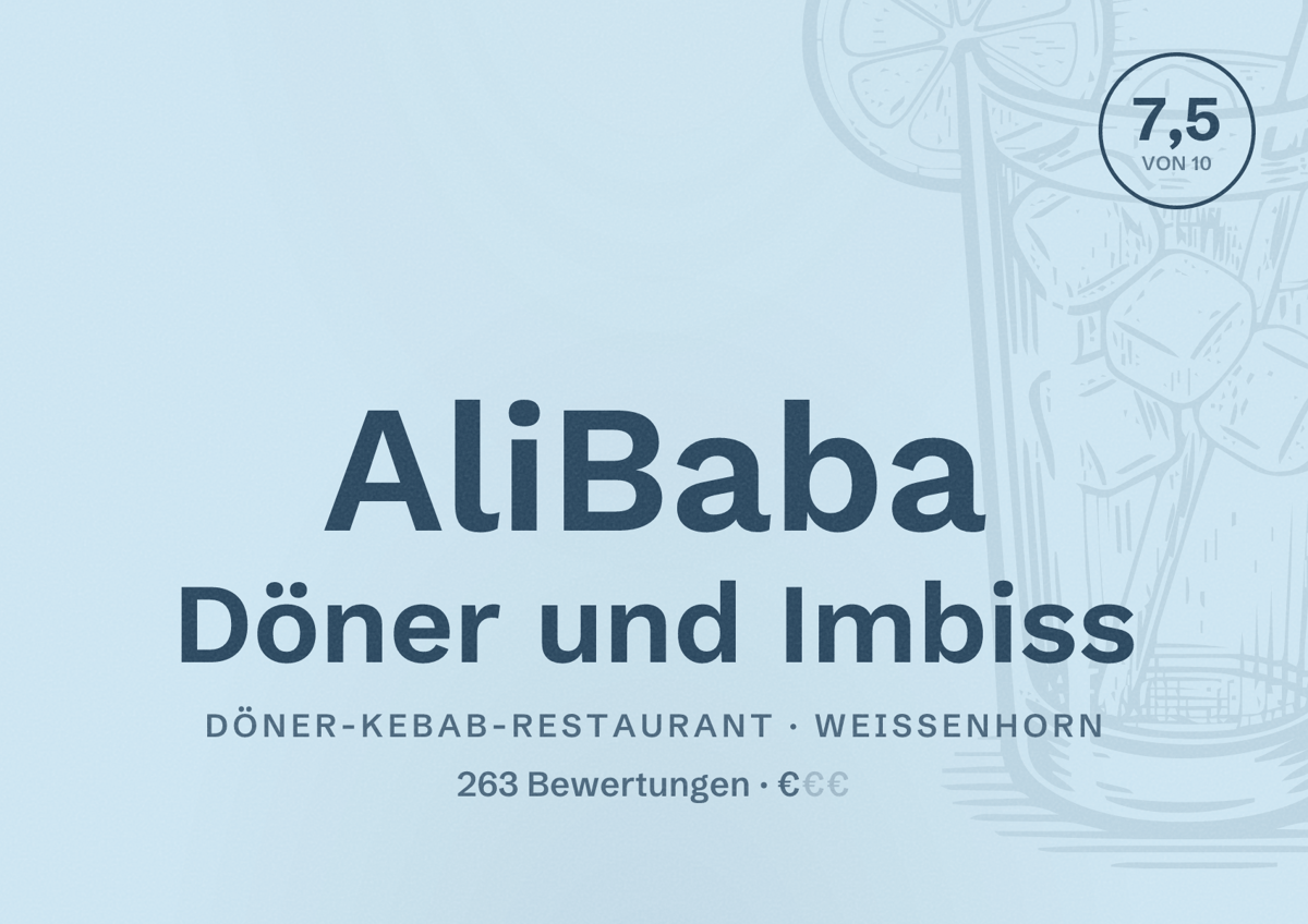Illustriertes Poster von AliBaba Döner und Imbiss, Döner-Kebab-Restaurant in Weißenhorn: Bewertung 7,5 von 10 aus 263 Bewertungen, Preisniveau €