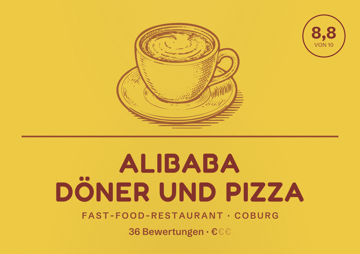 Illustriertes Poster von ALIBABA Döner und Pizza, Fast-Food-Restaurant in Coburg: Bewertung 8,8 von 10 aus 36 Bewertungen, Preisniveau €