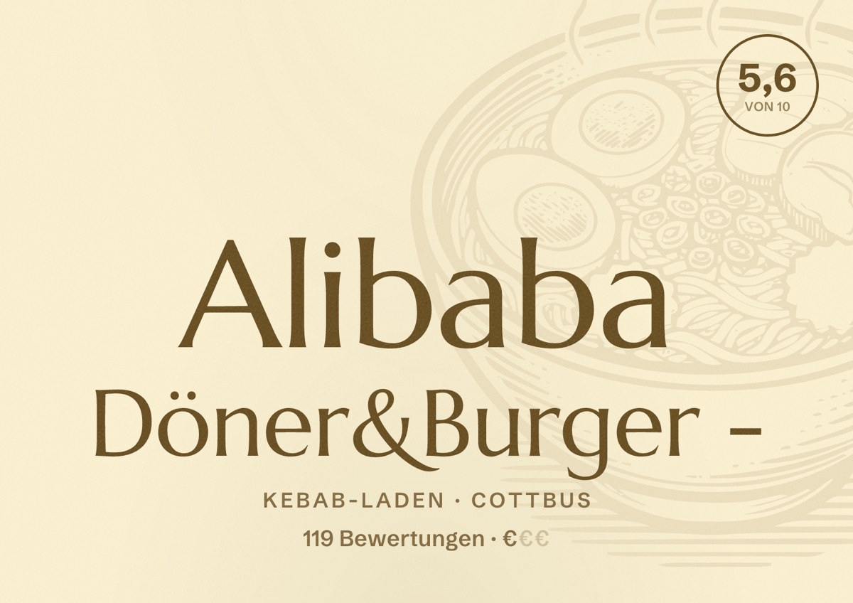 Illustriertes Poster von Alibaba Döner&Burger -, Kebab-Laden in Cottbus: Bewertung 5,6 von 10 aus 119 Bewertungen, Preisniveau €