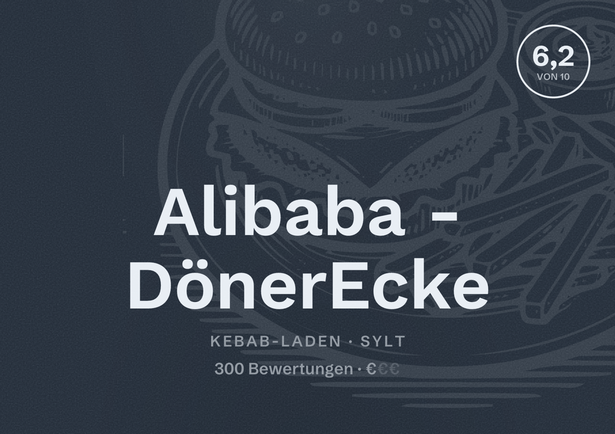 Illustriertes Poster von Alibaba - DönerEcke, Kebab-Laden in Sylt: Bewertung 6,2 von 10 aus 300 Bewertungen, Preisniveau €