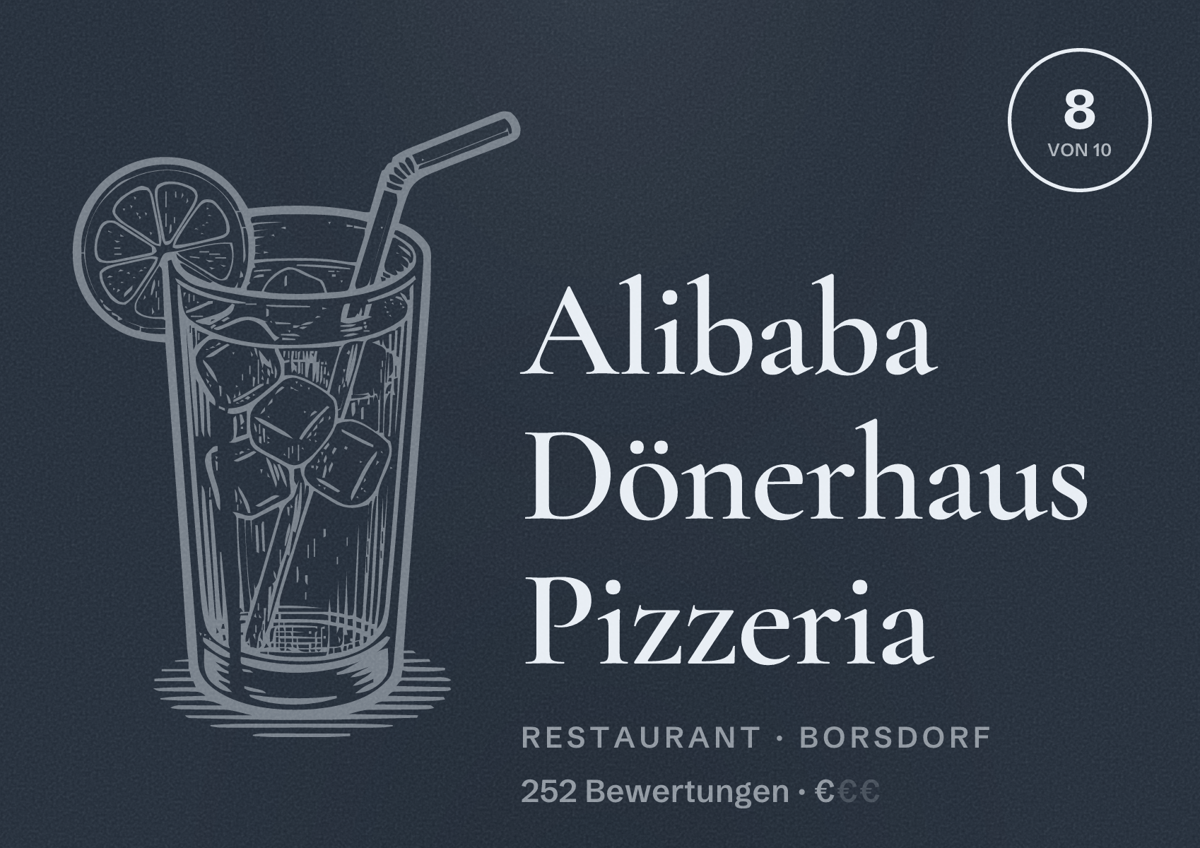 Illustriertes Poster von Alibaba Dönerhaus Pizzeria, Restaurant in Borsdorf: Bewertung 8 von 10 aus 252 Bewertungen, Preisniveau €