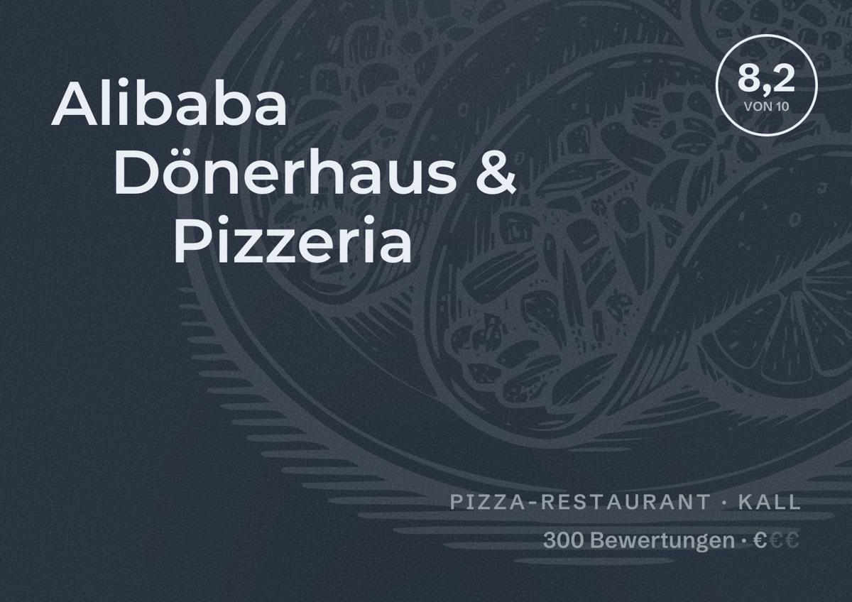 Illustriertes Poster von Alibaba Dönerhaus & Pizzeria, Pizza-Restaurant in Kall: Bewertung 8,2 von 10 aus 300 Bewertungen, Preisniveau €