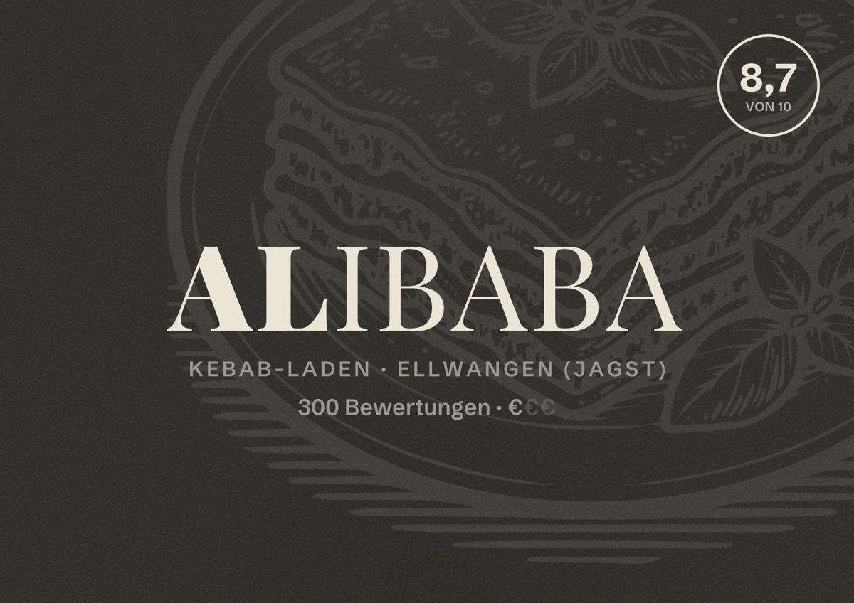 Illustriertes Poster von Alibaba, Kebab-Laden in Ellwangen (Jagst): Bewertung 8,7 von 10 aus 300 Bewertungen, Preisniveau €