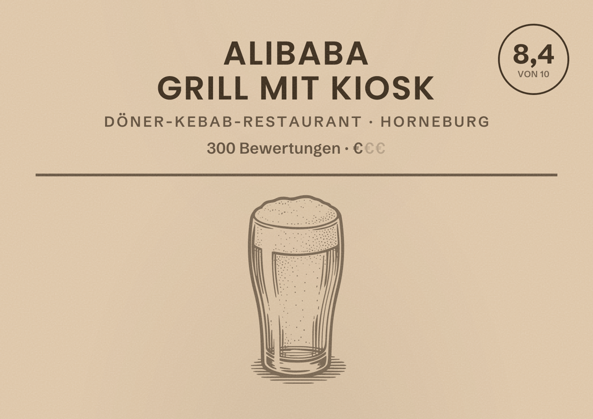 Illustriertes Poster von Alibaba Grill mit Kiosk, Döner-Kebab-Restaurant in Horneburg: Bewertung 8,4 von 10 aus 300 Bewertungen, Preisniveau €
