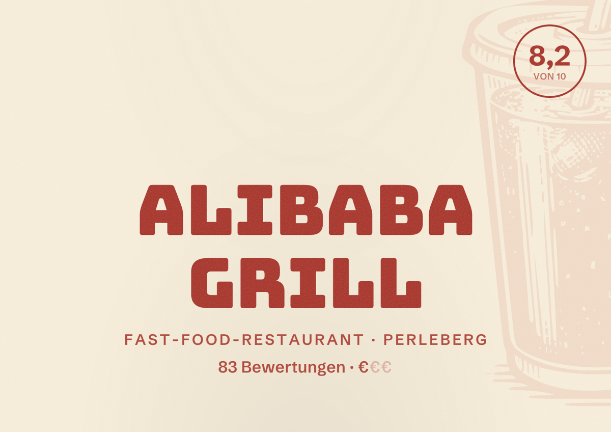 Illustriertes Poster von Alibaba Grill, Fast-Food-Restaurant in Perleberg: Bewertung 8,2 von 10 aus 83 Bewertungen, Preisniveau €
