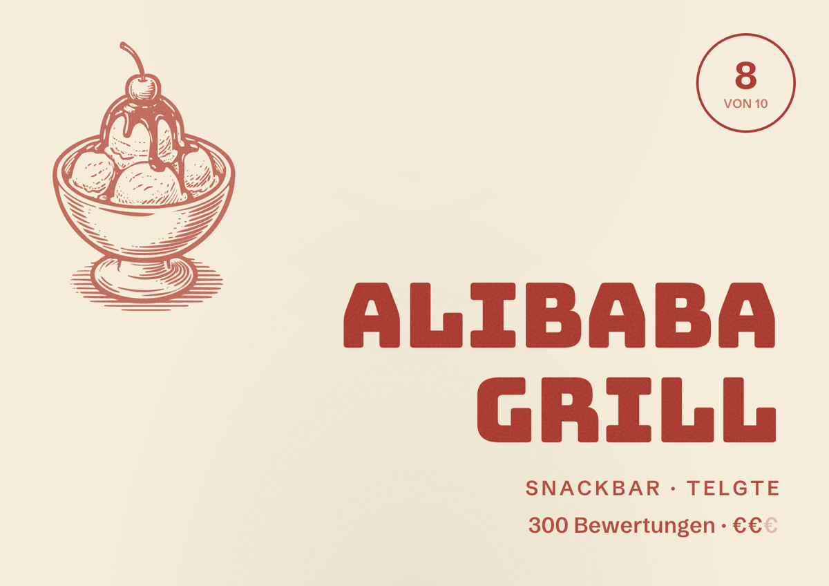Illustriertes Poster von Alibaba Grill, Snackbar in Telgte: Bewertung 8 von 10 aus 300 Bewertungen, Preisniveau €€