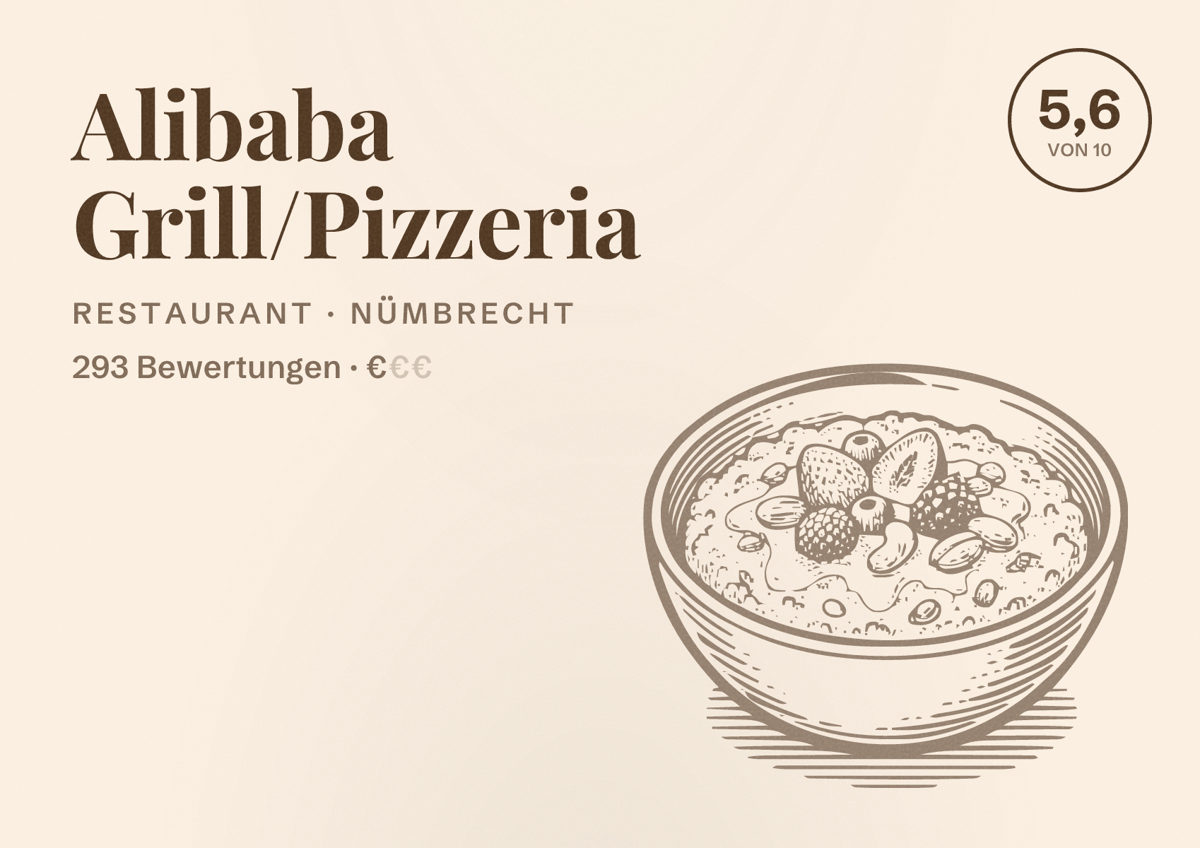 Illustriertes Poster von Alibaba Grill/Pizzeria, Restaurant in Nümbrecht: Bewertung 5,6 von 10 aus 293 Bewertungen, Preisniveau €
