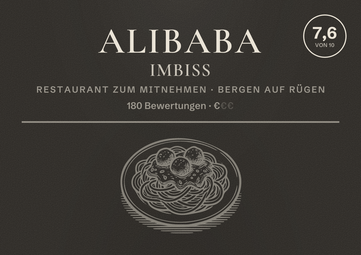 Illustriertes Poster von Alibaba Imbiss, Restaurant zum Mitnehmen in Bergen auf Rügen: Bewertung 7,6 von 10 aus 180 Bewertungen, Preisniveau €